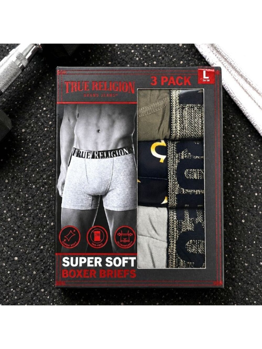 True Religion Mens Size Large Boxer Briefs 36-38 Gray Black 3 Pack Super Soft